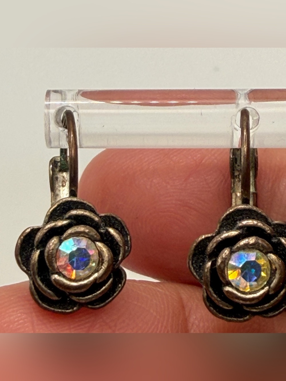 Vintage Style Rose Flower AB Rhinestone Leverback Earrings Silver Tone